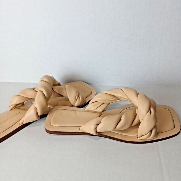 Anthropologie Twisted Puffed Slides Sandles Tan Square Toe Leather SZ 6M - Picture 3 of 7